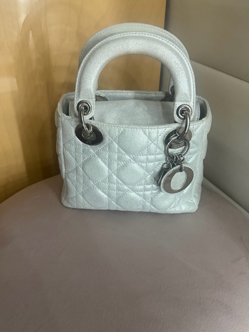 CHRISTIAN DIOR METALLIC SILVER MINI LADY DIOR BAG
